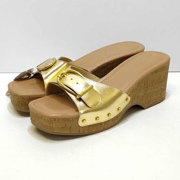 Time and Tru Gold Buckle Cork Wedge Platform Memory Foam Sandals Size 10 NWT - Picture 1 of 11